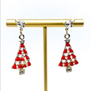 Christmas Tree Red Gold Enamel Rhinestone Earring